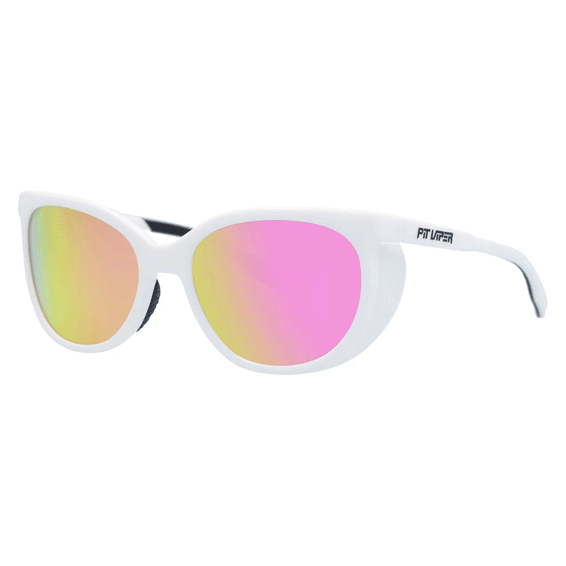 Weiße Miami Nights Sonnenbrille mit polarisierten, pink-goldfarbenen Gläsern und Seitenschutz.
